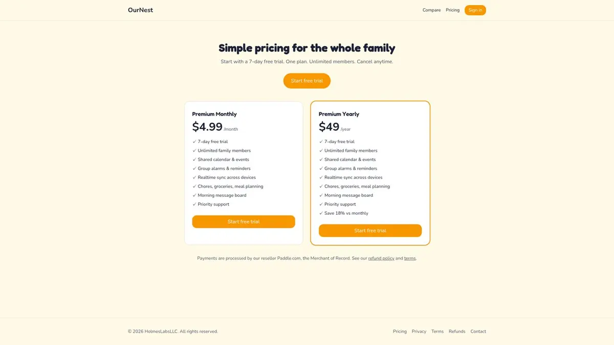 OurNest — Simple pricing
