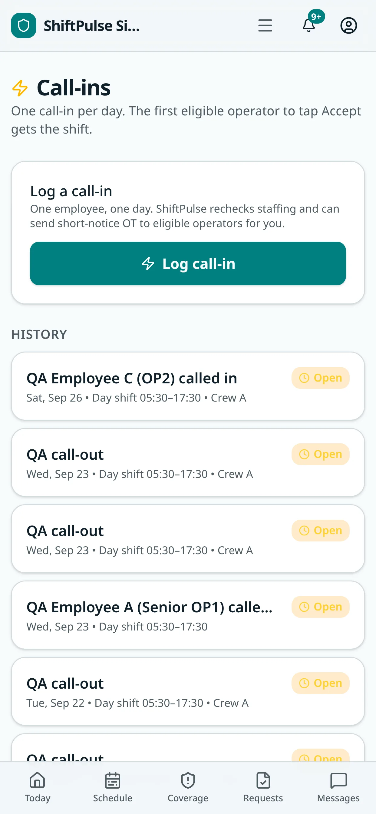 ShiftPulse — Call-in and overtime queue